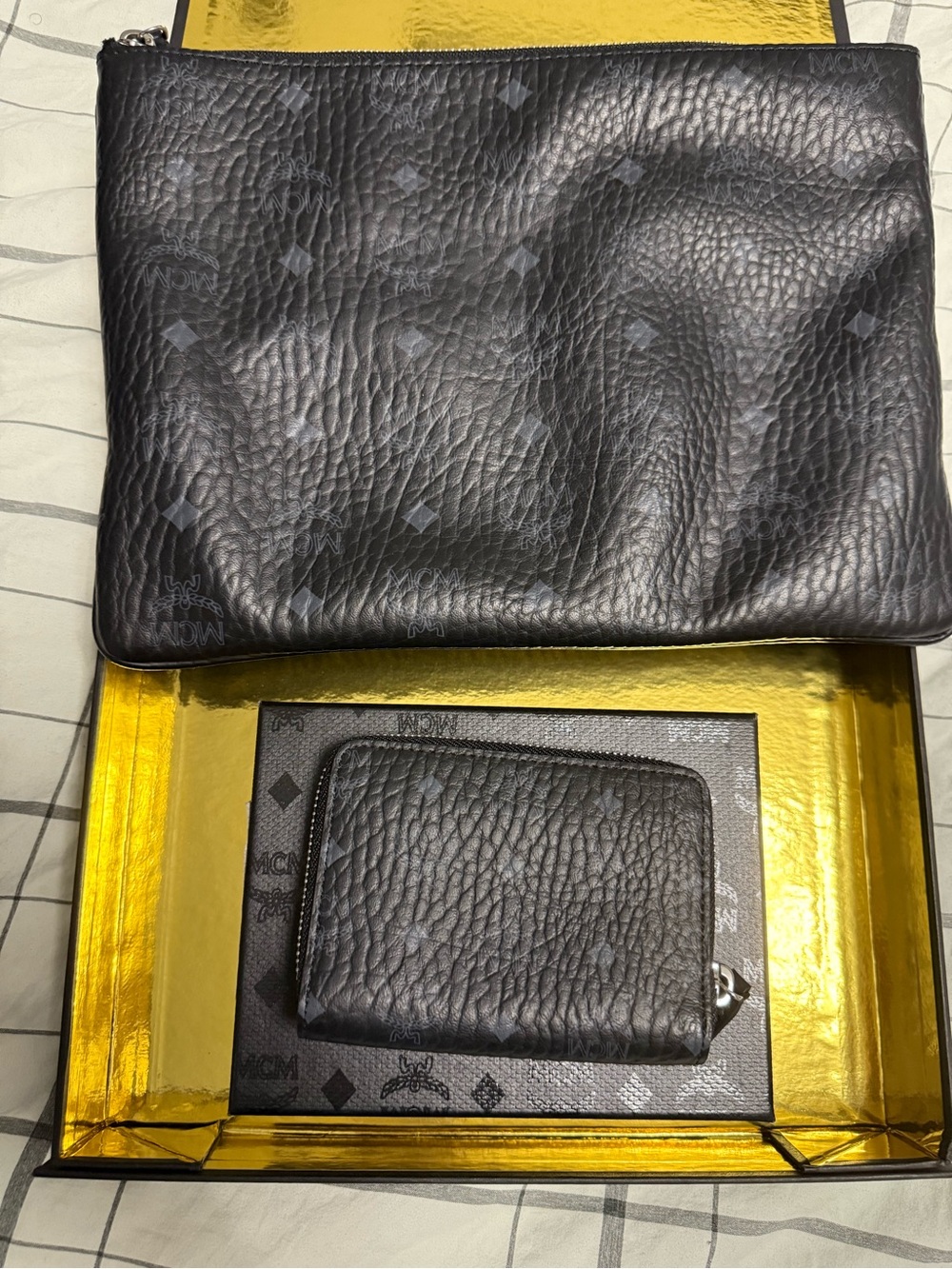 MCM Black Pebbled Leather Zip Pouch and Zip Card Wallet Set